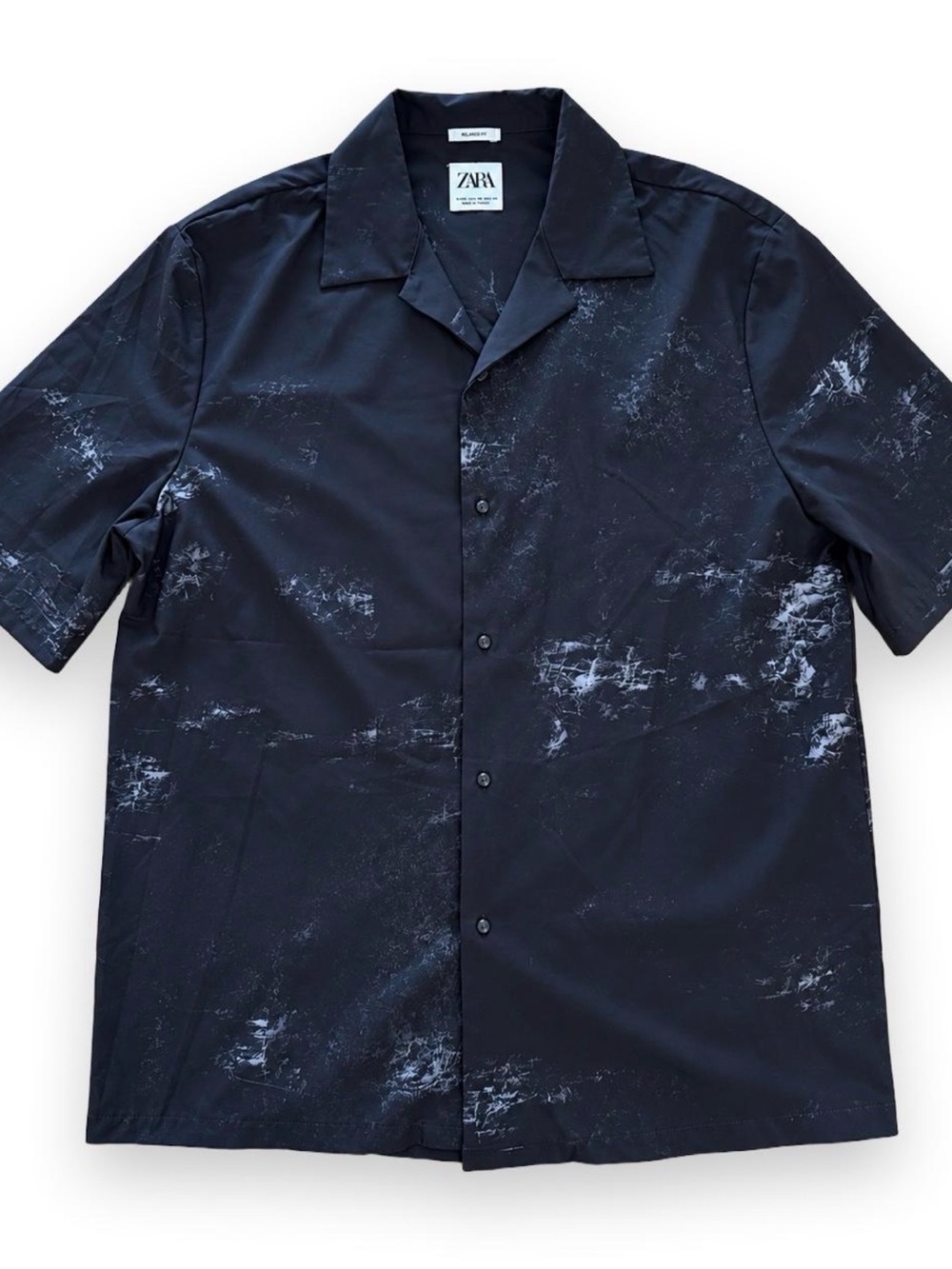 ZARA Men’s M Relaxed Fit Black Abstract Print Camp Collar Short Sleeve Shirt